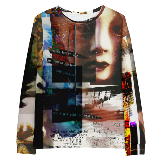 A long-sleeve crewneck sweatshirt featuring a complex, collage-style graphic print with a portrait of a woman's face, handwritten text, and abstract textures in a multicolor palette of beige, brown, black, blue, and red.