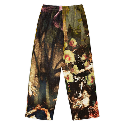 Floral and abstract patterned pants on a white background