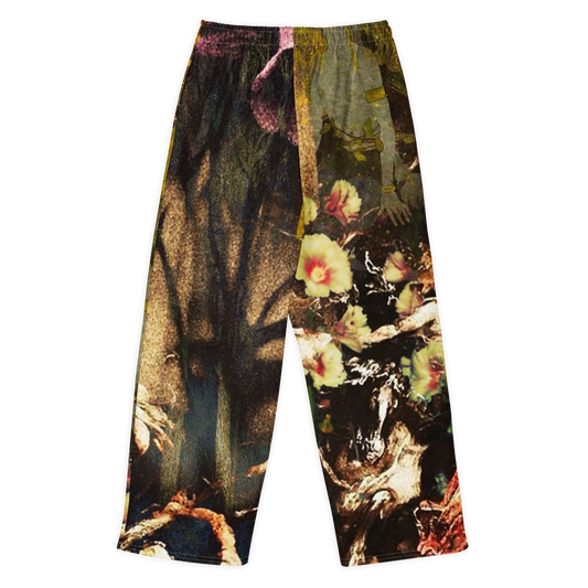 Floral and abstract patterned pants on a white background