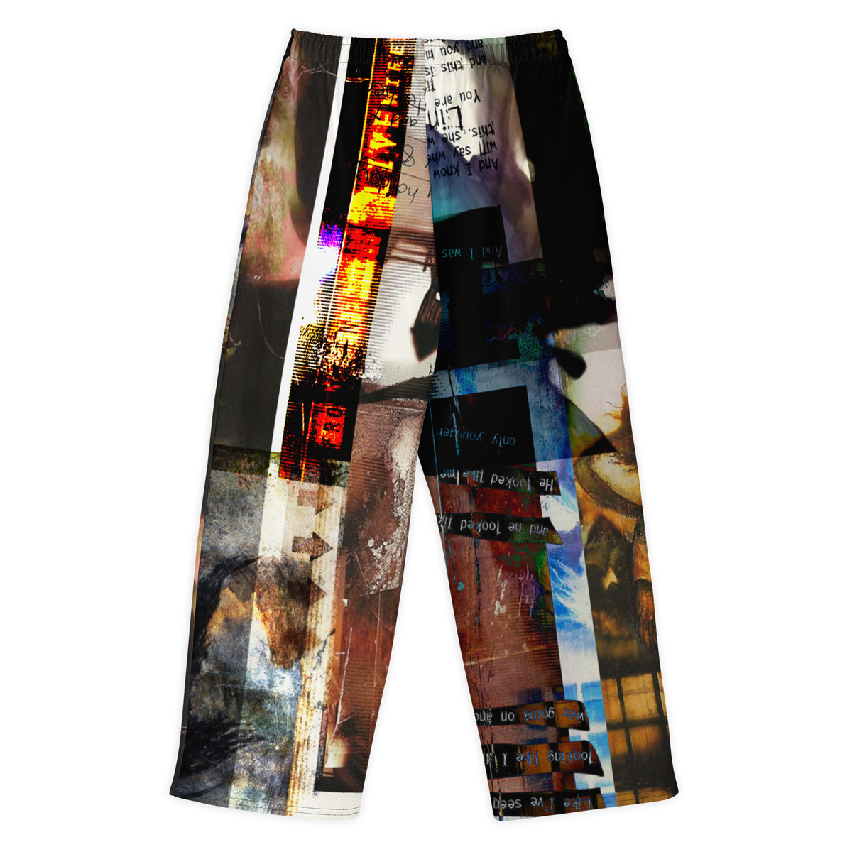 A pair of cropped athletic pants featuring a complex, multi-panel abstract collage print with vertical stripes of graffiti, textures, and graphic elements in black, white, blue, orange, and brown, shown against a plain white background.