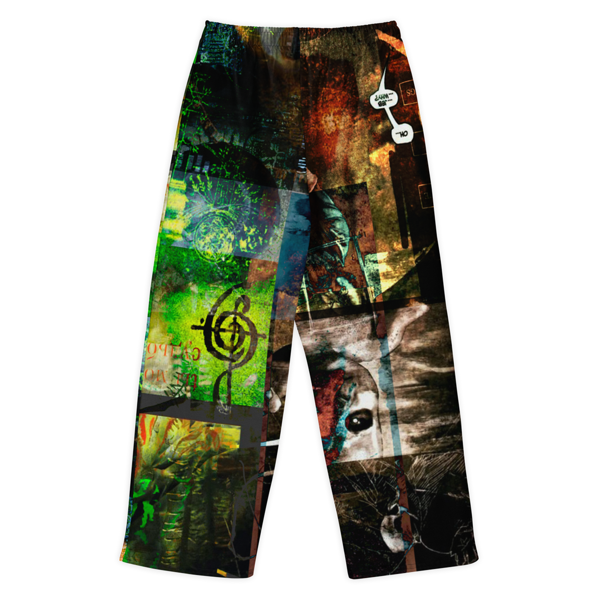 A pair of wide-leg pants featuring a complex, multi-panel collage print with various abstract and photographic textures, including a dog's face, green foliage, and dark grunge elements, shown against a plain white background.