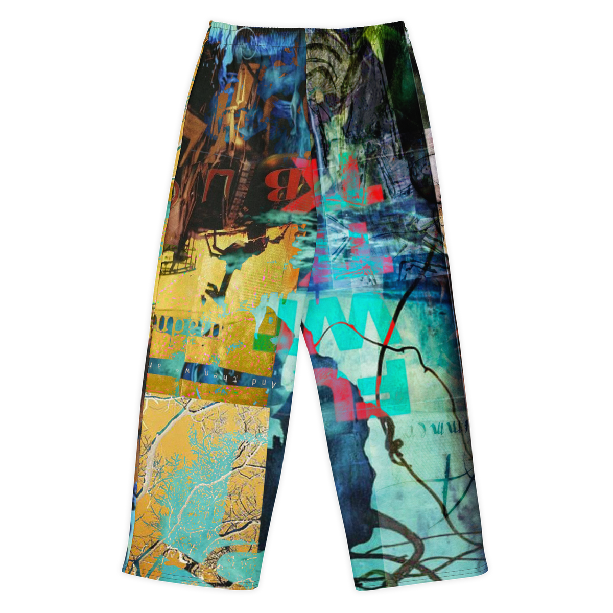 A pair of wide-leg cropped pants featuring a highly detailed, multicolored graffiti and collage print with abstract shapes, text, and textures in blue, yellow, red, and black.