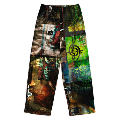 A pair of wide-leg athletic pants featuring a complex, multi-panel collage print with a skull, musical notes, and abstract textures in green, black, brown, and red, shown against a plain white background.