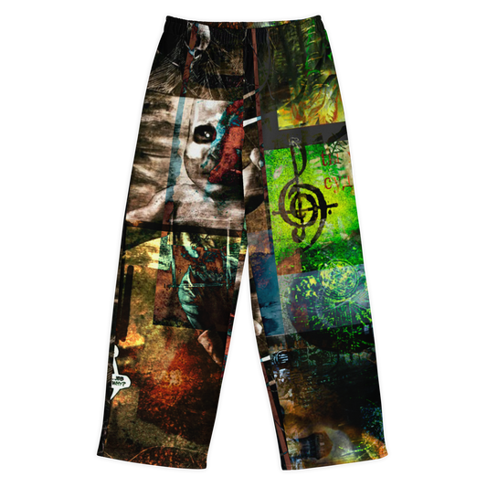 A pair of wide-leg athletic pants featuring a complex, multi-panel collage print with a skull, musical notes, and abstract textures in green, black, brown, and red, shown against a plain white background.