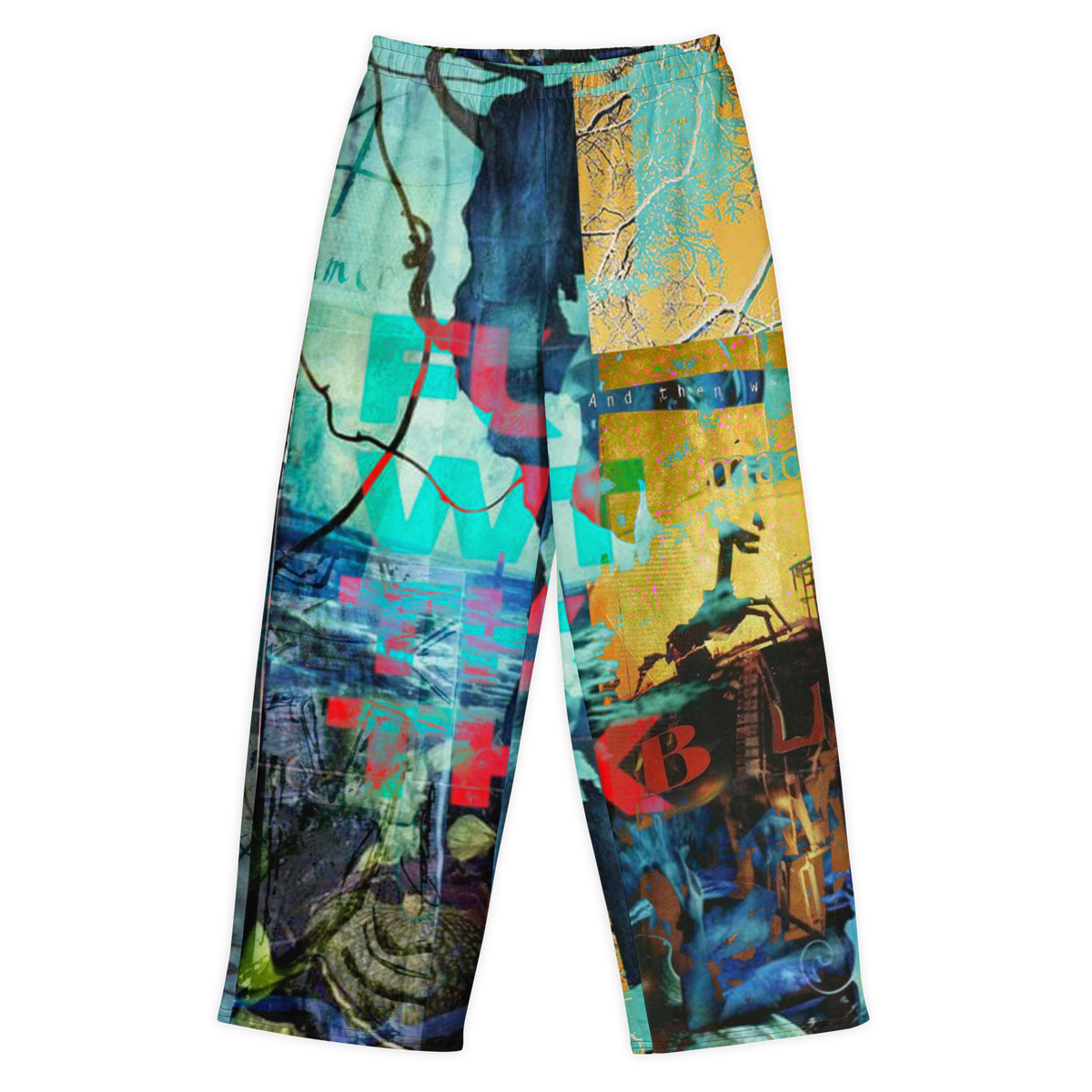 A pair of wide-leg pants featuring a highly detailed, multicolor graffiti and street art print with blue, yellow, red, and black elements, shown against a plain white background.
