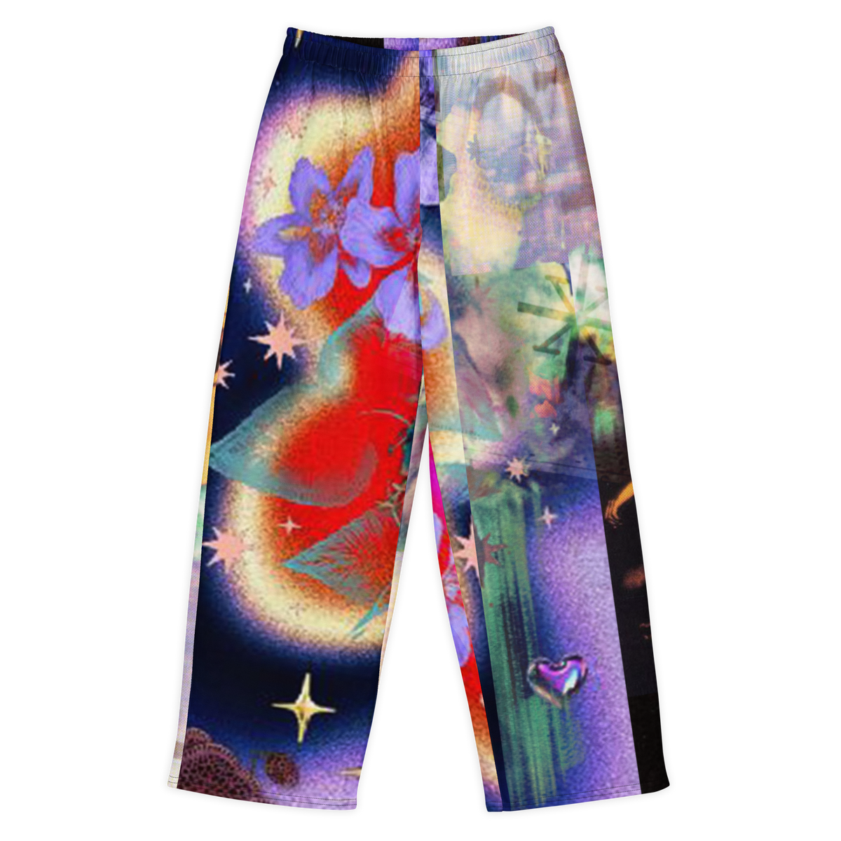A pair of wide-leg pants featuring a vibrant, psychedelic abstract print with a large purple flower, red and yellow celestial shapes, green cactus-like forms, and star details on a white background.