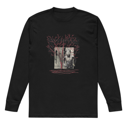 A black long-sleeve crewneck t-shirt with a graphic print on the chest depicting a stone statue, a red tree, and a dark figure, shown against a plain white background.