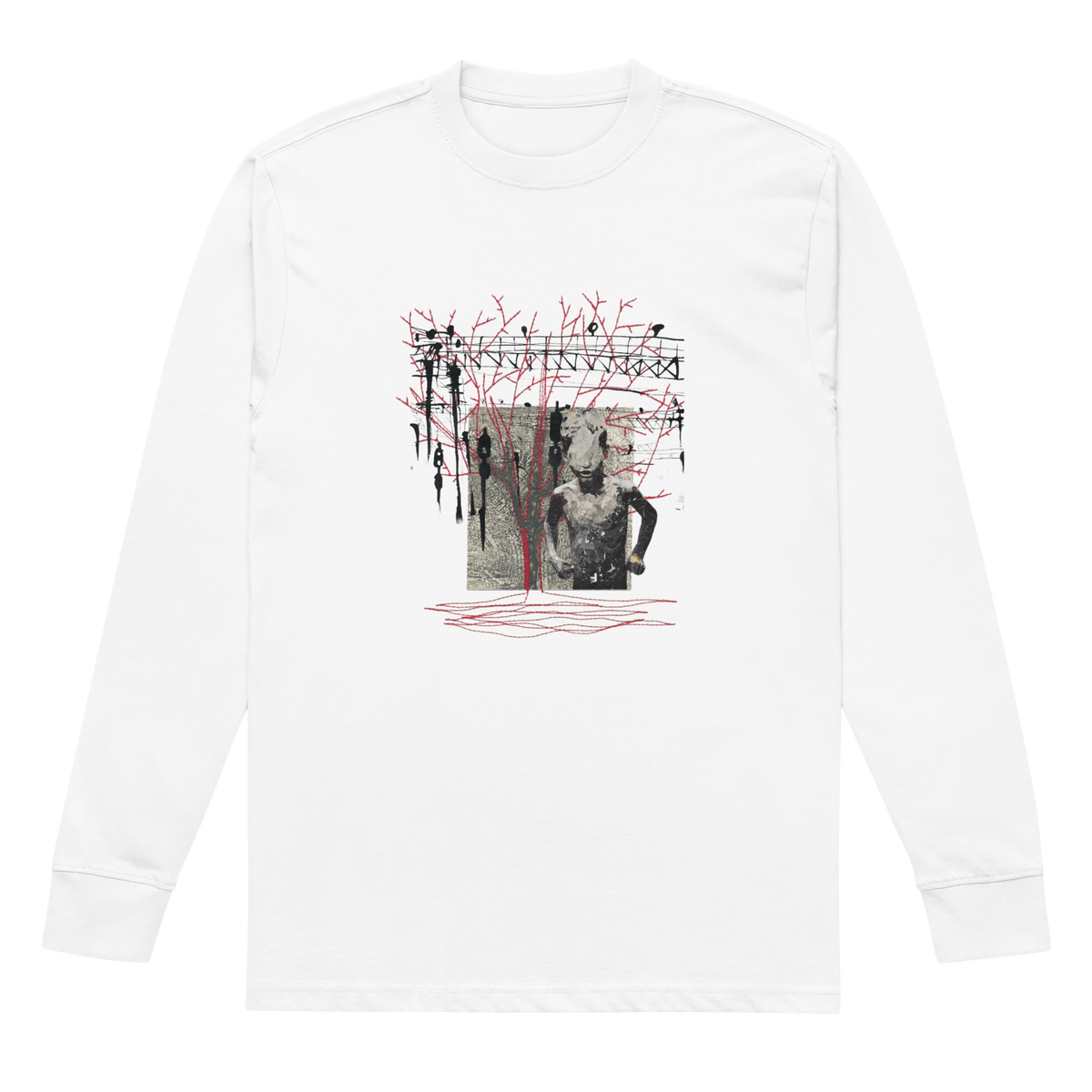 A white long-sleeve crewneck t-shirt with a complex graphic print on the front. The graphic features a black and white photograph of a shirtless man, overlaid with red scribbled lines and black silhouettes of people against a truss structure.
