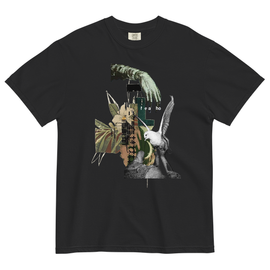 Black t-shirt with a collage of images including a hand, bird, and abstract elements on a white background.
