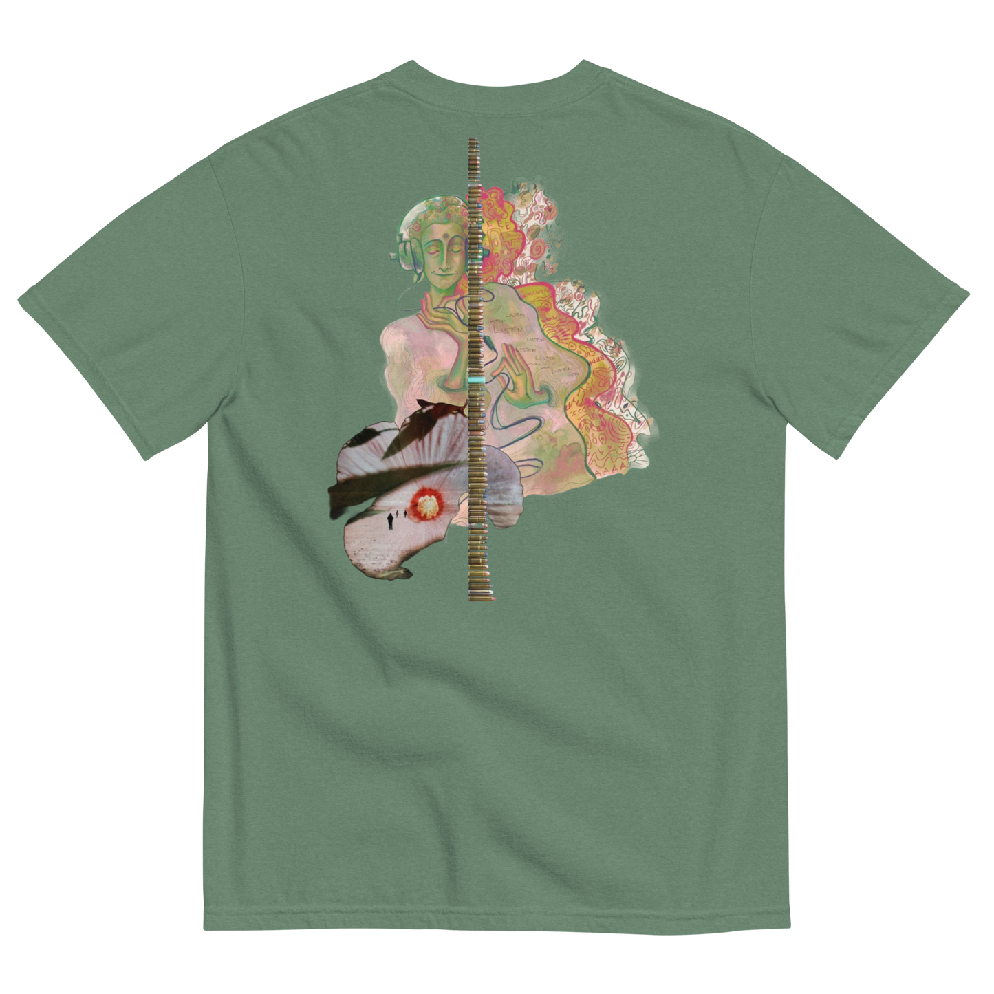 Green t-shirt with a colorful graphic design on the back