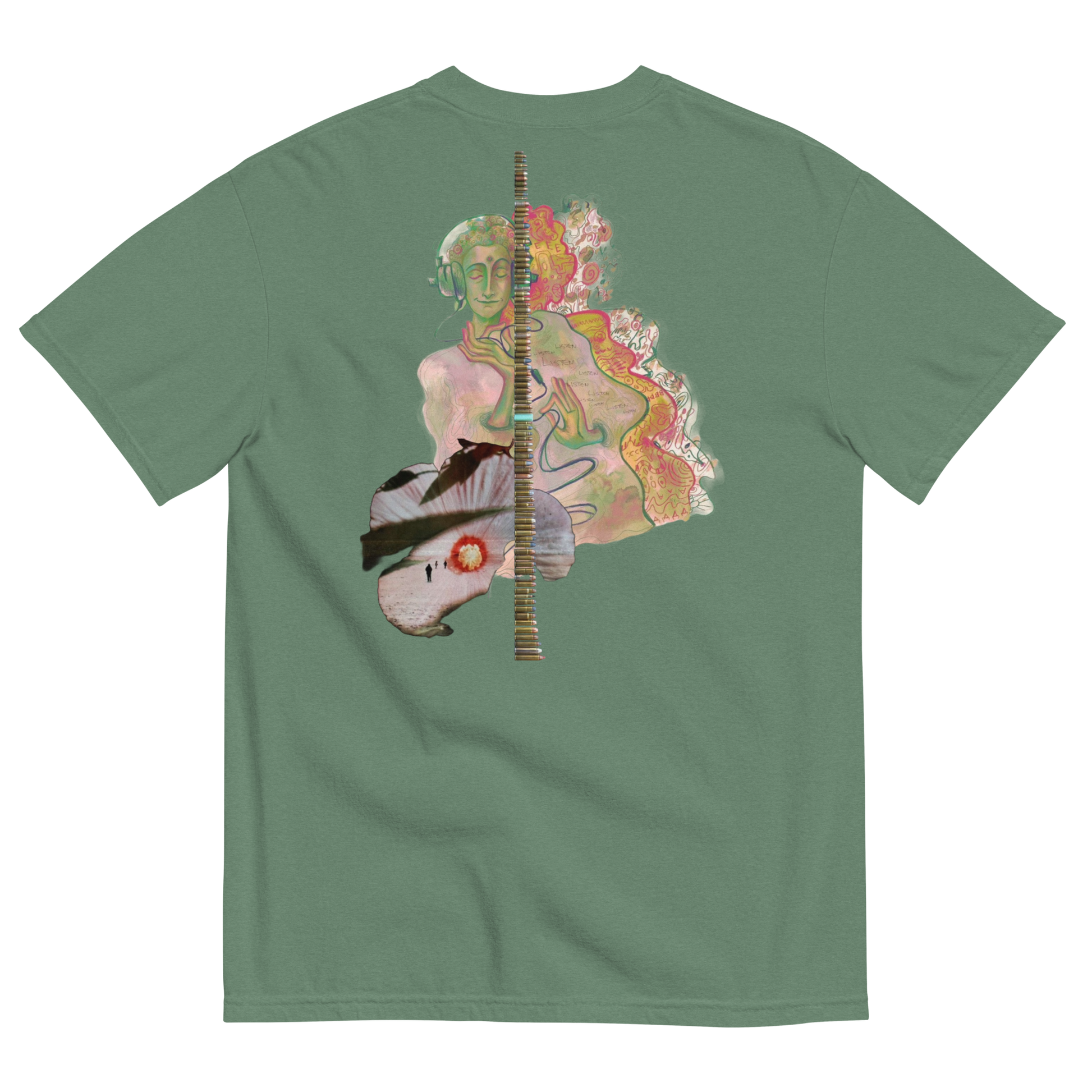 Green t-shirt with a colorful graphic design on the back
