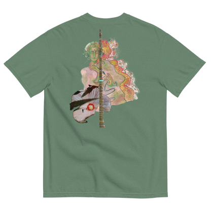 Green t-shirt with a colorful graphic design on the back