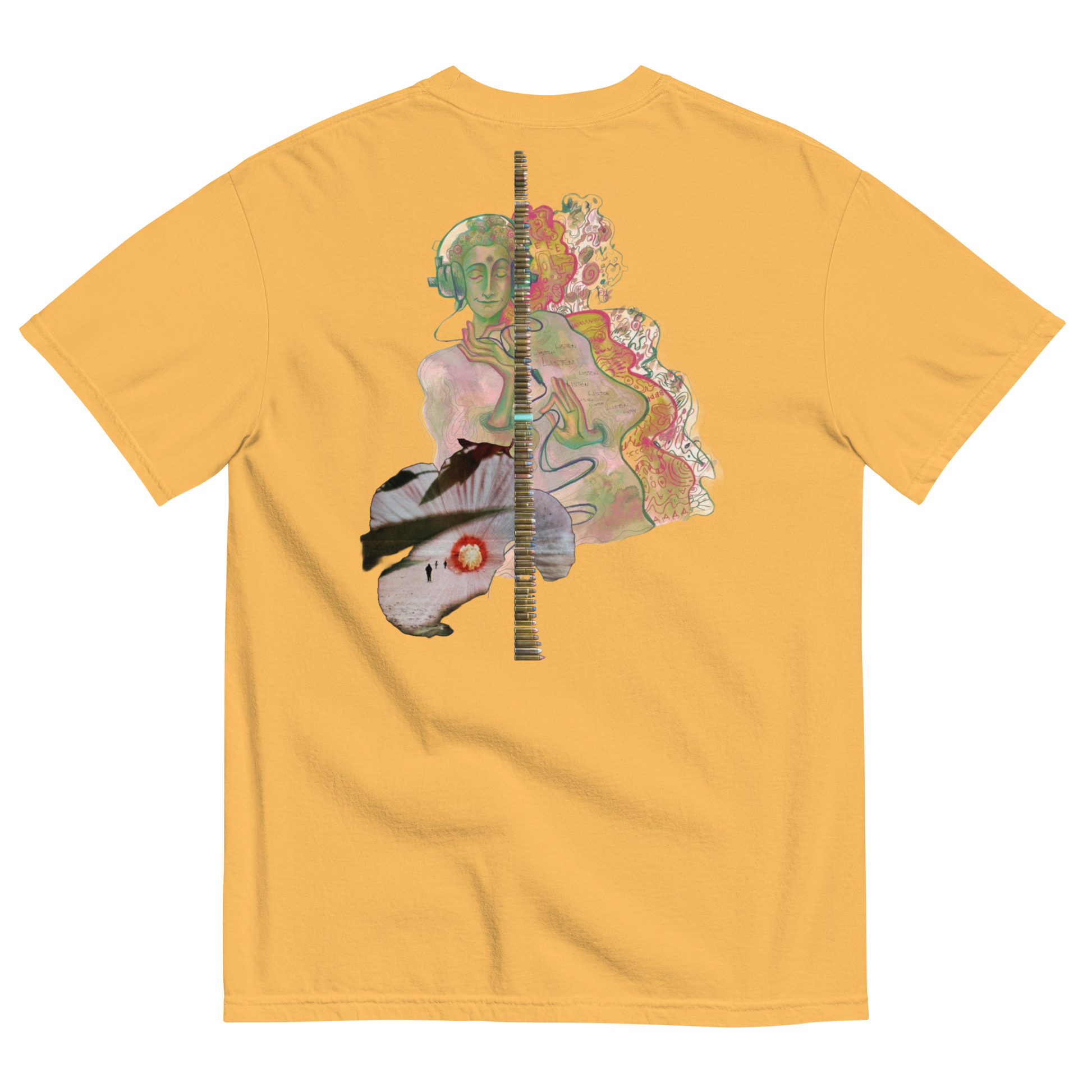 Yellow t-shirt with a colorful graphic design on the back