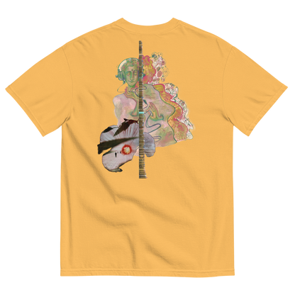 Yellow t-shirt with a colorful graphic design on the back