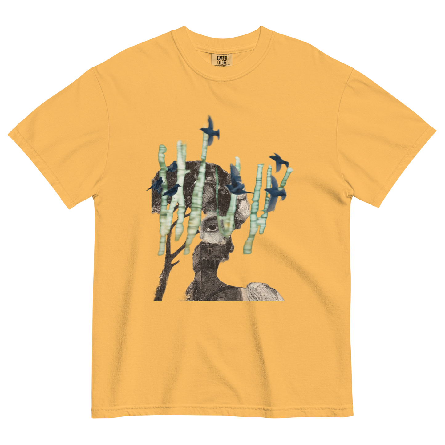 Yellow t-shirt with a graphic of a deer with antlers made of birds on a white background