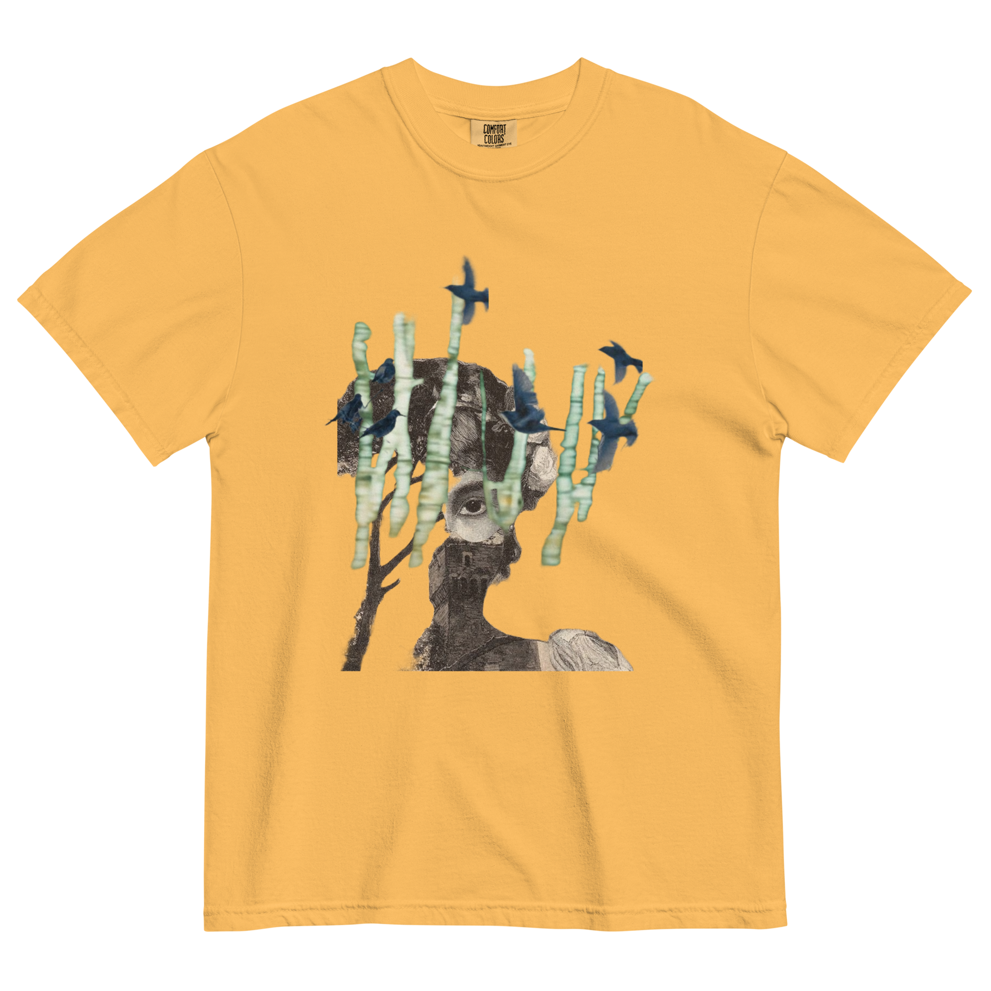 Yellow t-shirt with a graphic of a deer with antlers made of birds on a white background