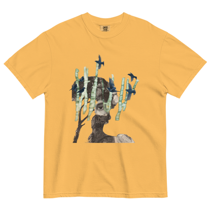 Yellow t-shirt with a graphic of a deer with antlers made of birds on a white background