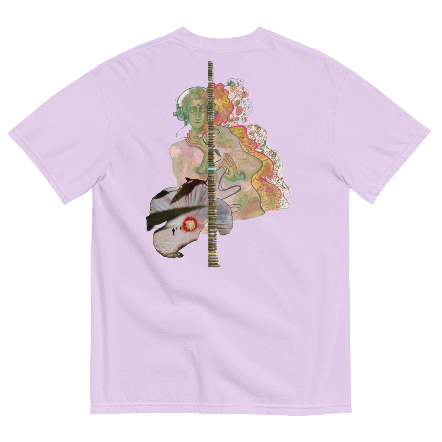 Lavender t-shirt with a colorful graphic design on the back