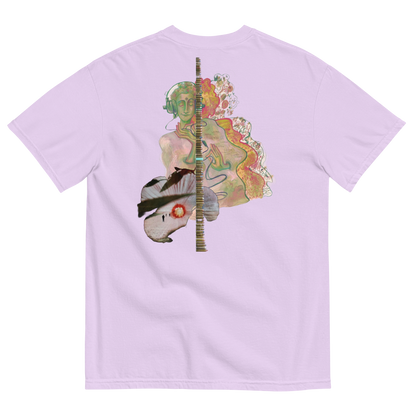 Lavender t-shirt with a colorful graphic design on the back