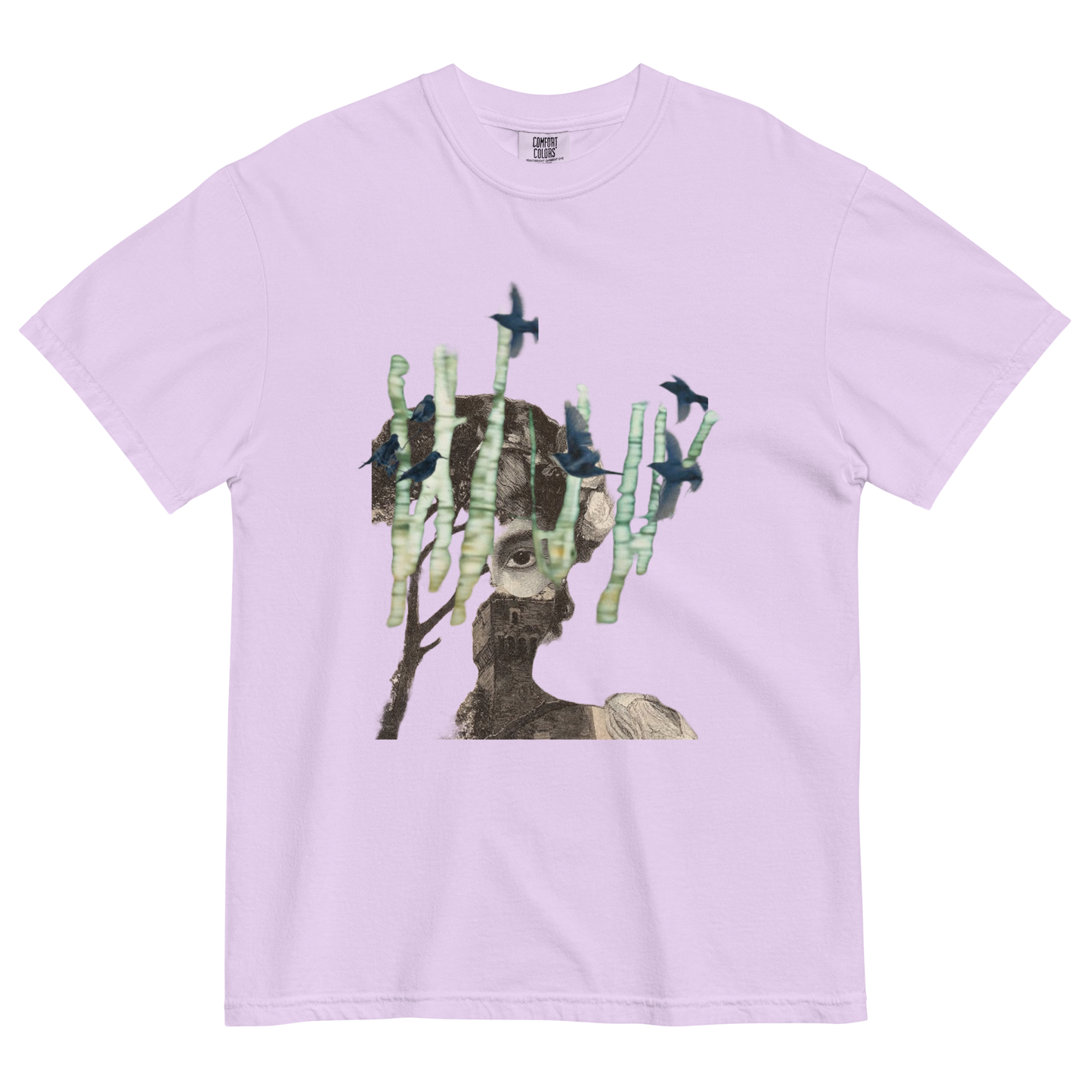 Lavender t-shirt with a graphic of a dog among cacti and birds on a white background