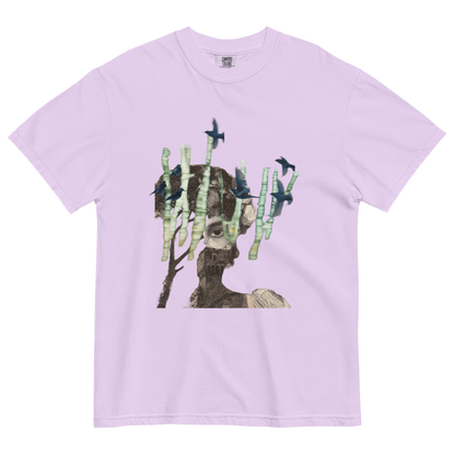 Lavender t-shirt with a graphic of a dog among cacti and birds on a white background