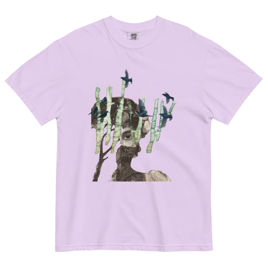 Lavender t-shirt with a graphic of a dog among cacti and birds on a white background