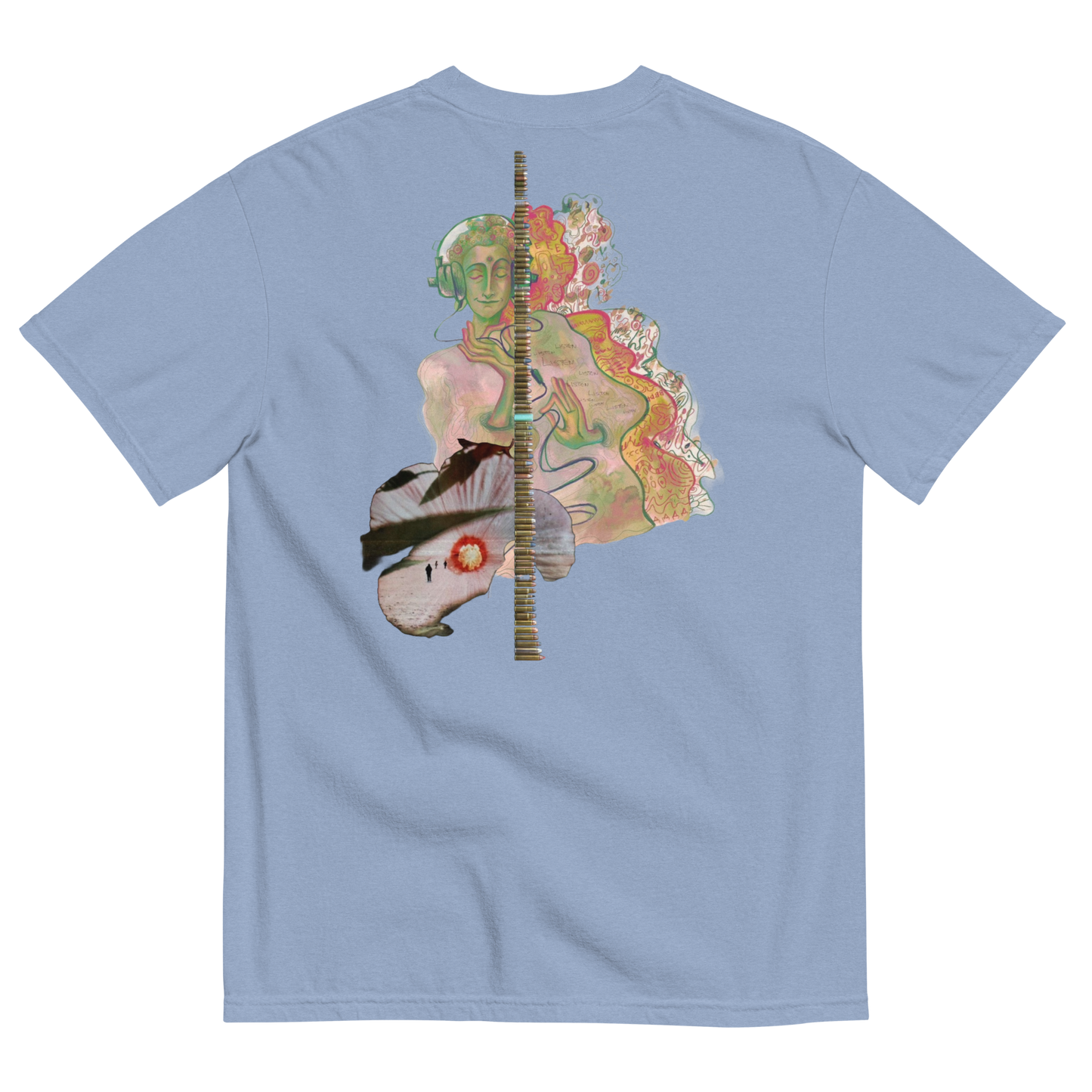 Light blue t-shirt with a colorful graphic design on the back