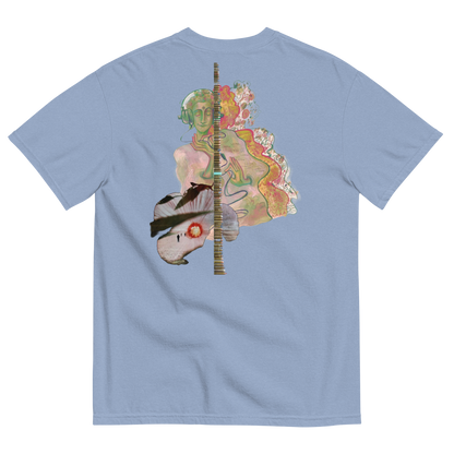 Light blue t-shirt with a colorful graphic design on the back