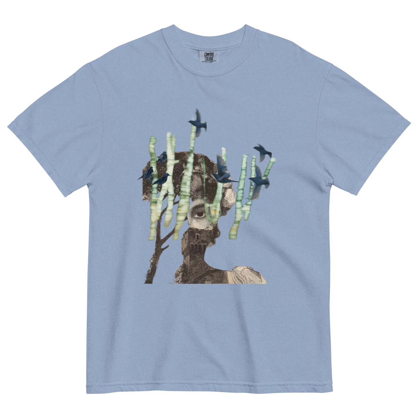Light blue t-shirt with a graphic design of a dog with antlers and birds on a white background