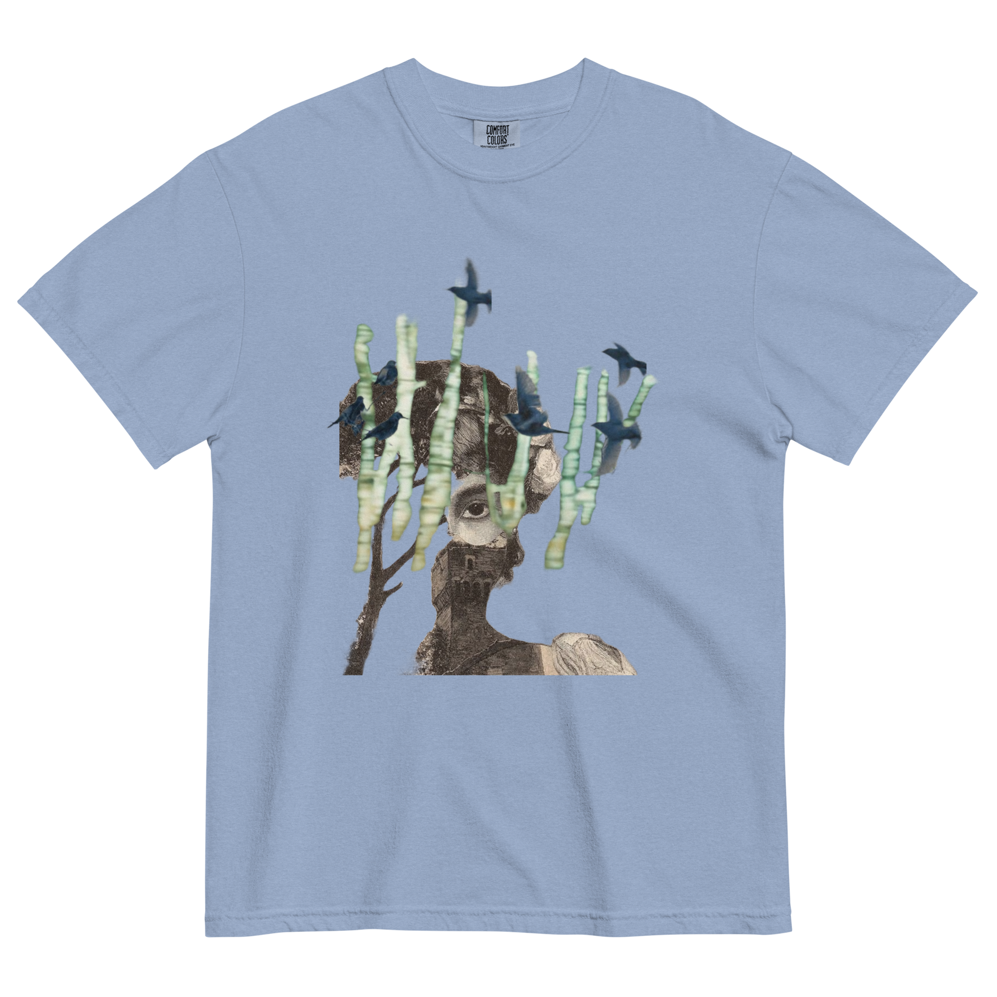 Light blue t-shirt with a graphic design of a dog with antlers and birds on a white background
