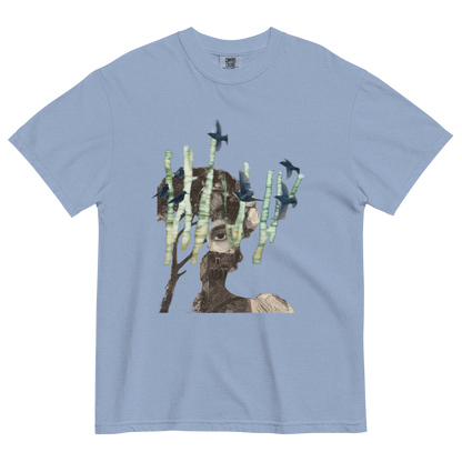 Light blue t-shirt with a graphic design of a dog with antlers and birds on a white background