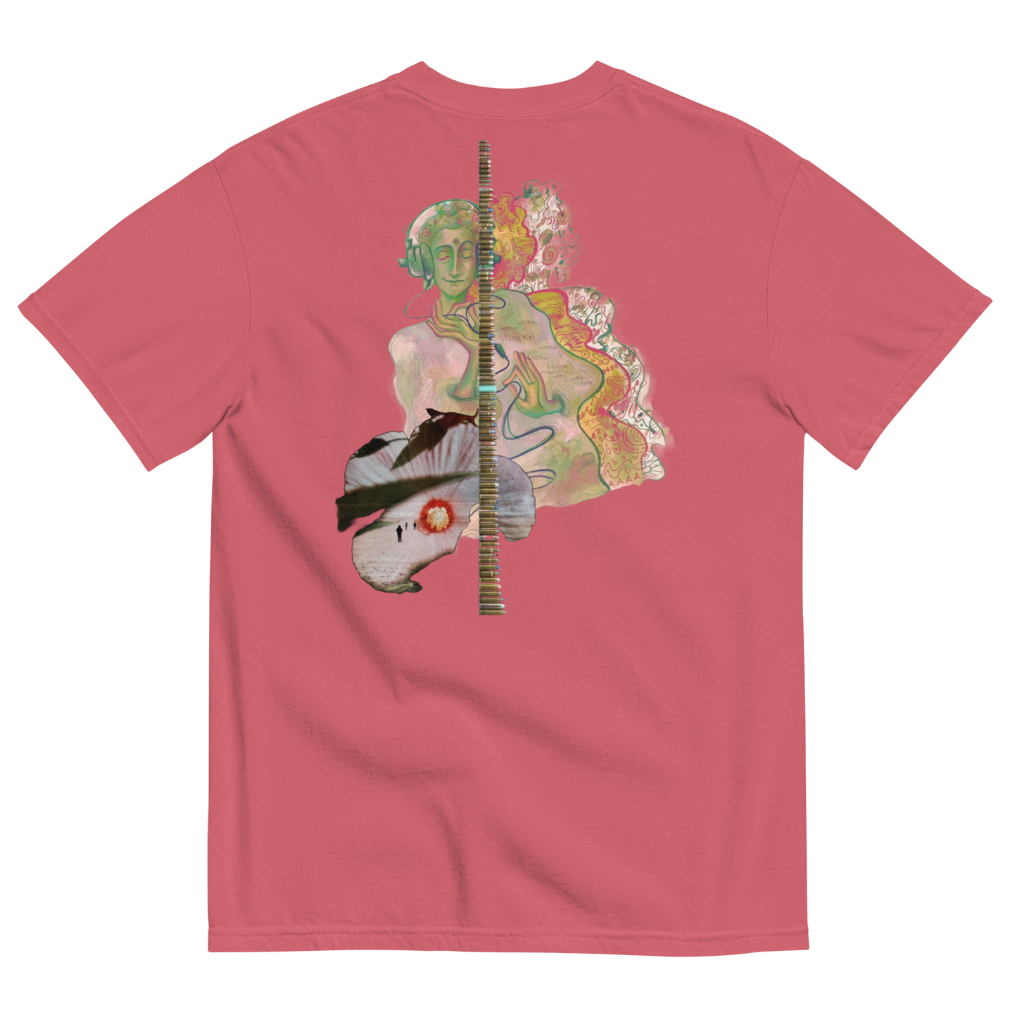 Red t-shirt with a colorful graphic design on the back featuring abstract figures and a guitar.