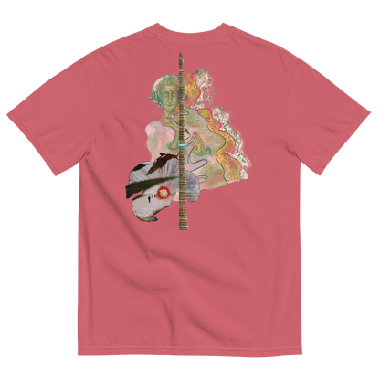 Red t-shirt with a colorful graphic design on the back featuring abstract figures and a guitar.