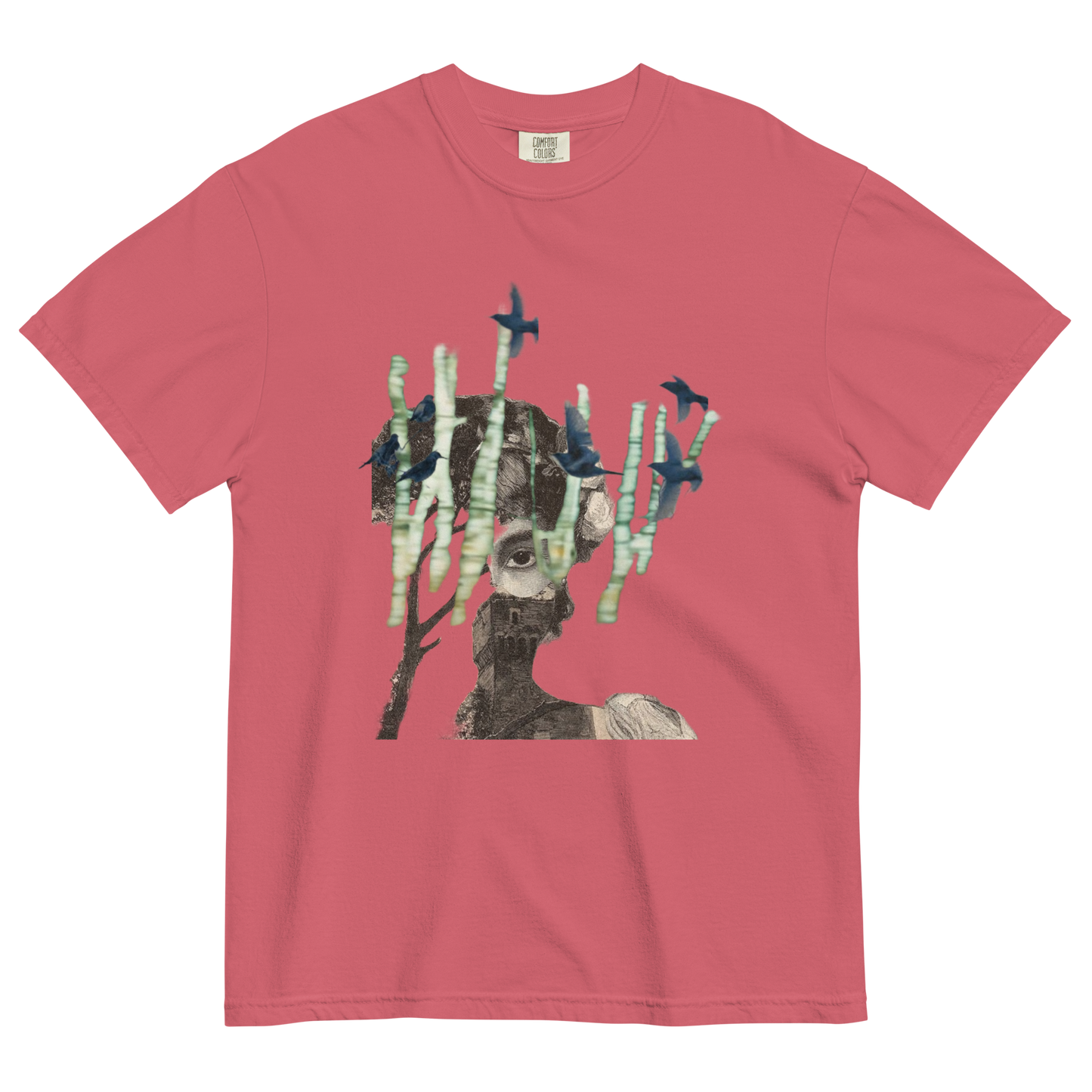 Red t-shirt with a graphic of a deer with antlers made of sticks and birds on a white background