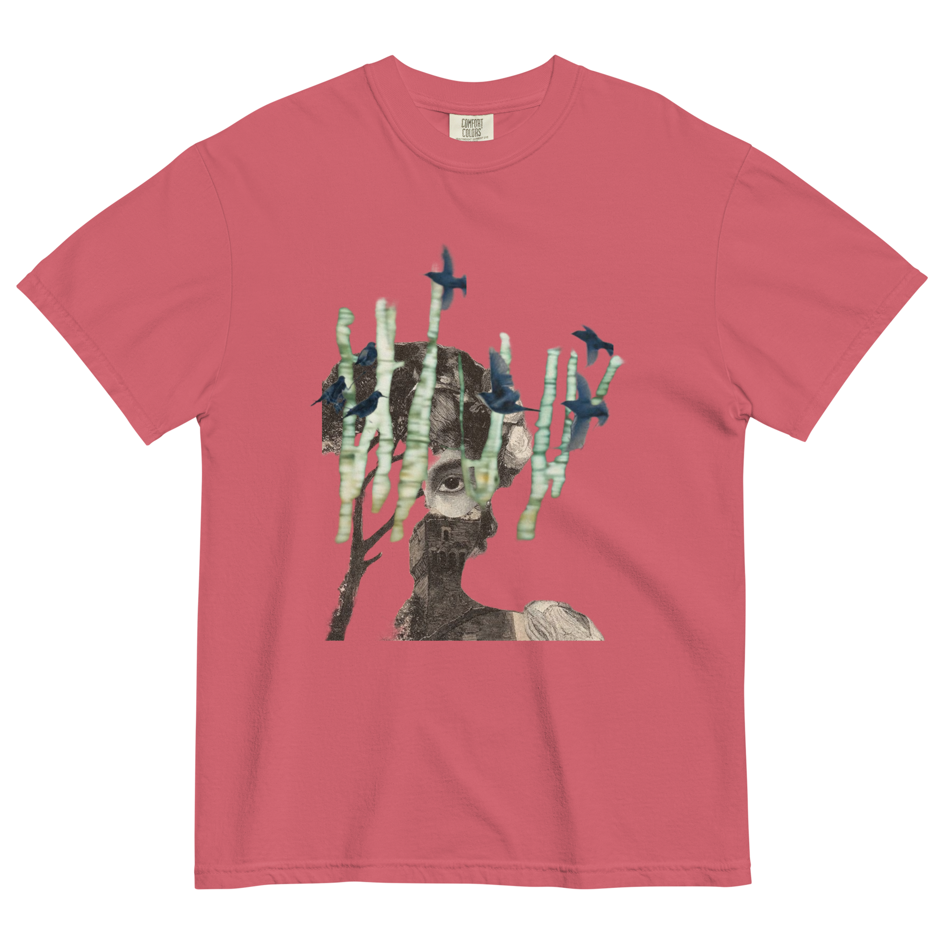 Red t-shirt with a graphic of a deer with antlers made of sticks and birds on a white background