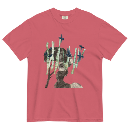 Red t-shirt with a graphic of a deer with antlers made of sticks and birds on a white background