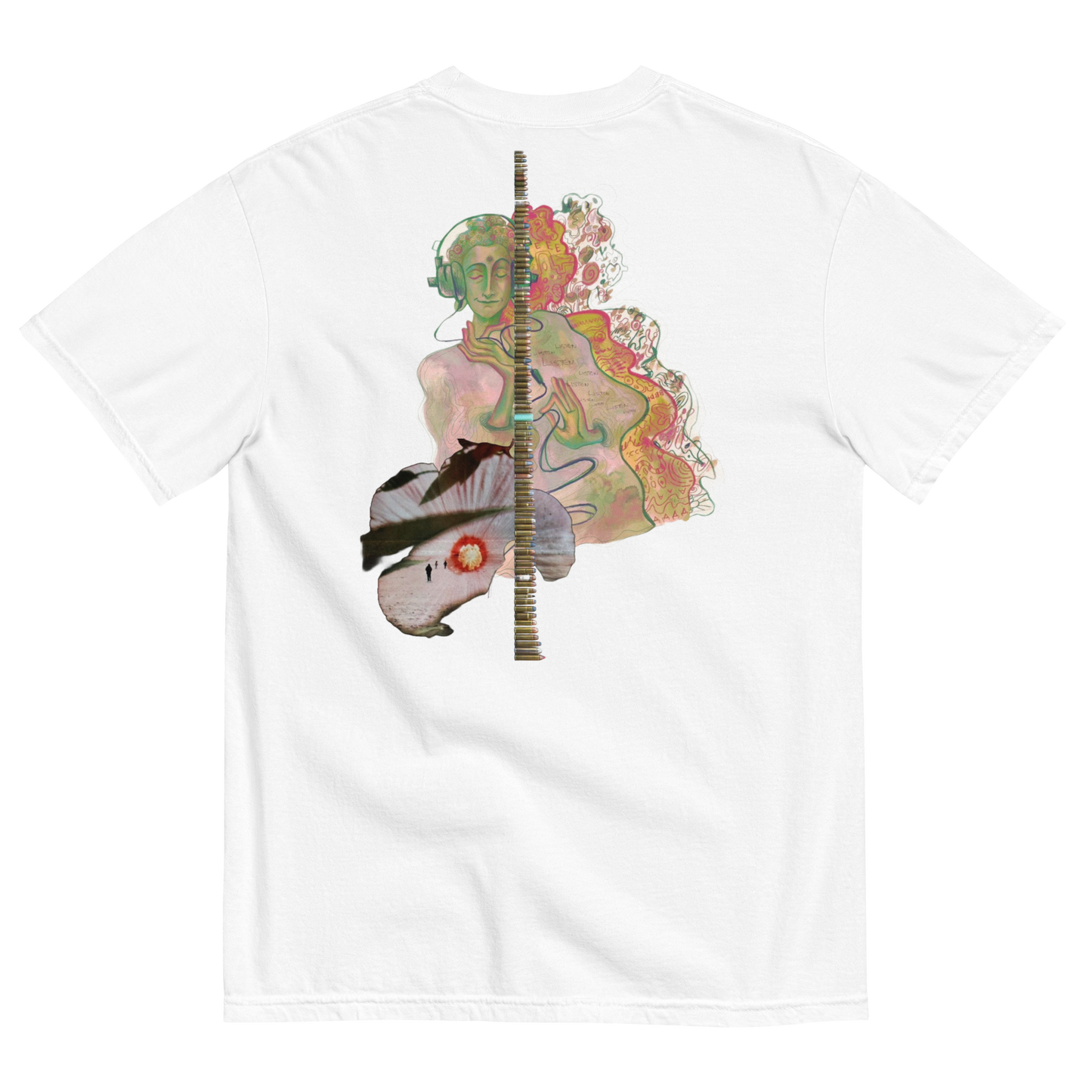 White t-shirt with a colorful graphic design on a white background