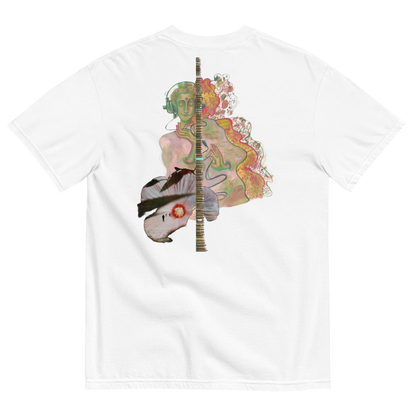 White t-shirt with a colorful graphic design on a white background