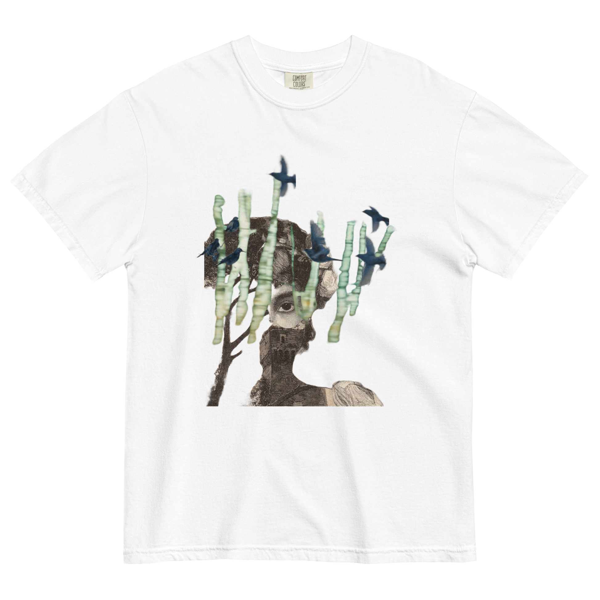 White t-shirt with a graphic of a deer and bamboo on a white background
