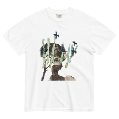 White t-shirt with a graphic of a deer and bamboo on a white background